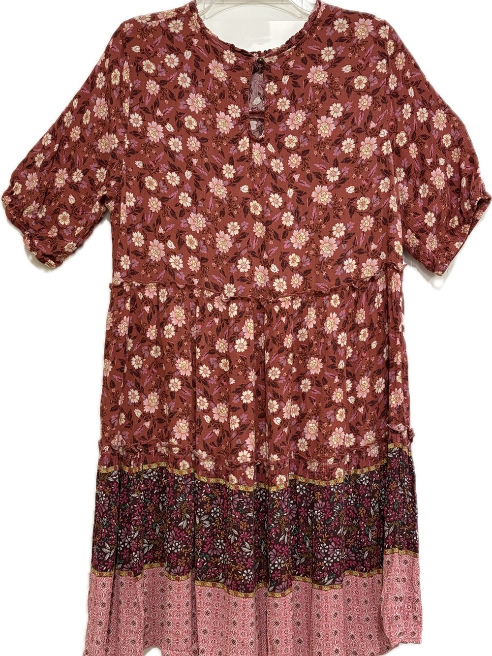 Knox Rose Rust Floral Tiered Boho Mini Dress | Size L | Like New - Picture 3 of 5